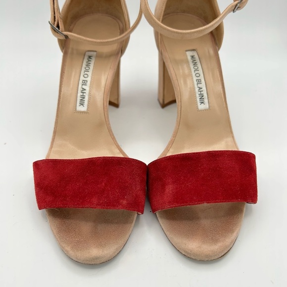 Manolo Blahnik Sz 38 Red and Tan Heels Lauratomod Velukid Block Sandals NO BOX - Picture 9 of 13